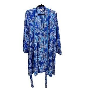 2 Pc Morgan Taylor Intimates SILKY Robe & Nightgown Size L/XL BLUE FLORAL